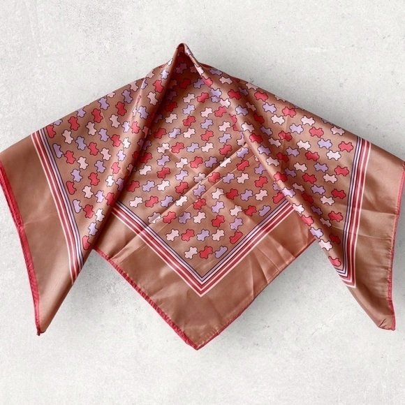 Vintage 70s Scarf Neckerchief 27” Square Puzzle Pieces Pink Lilac Tan - Picture 6 of 12